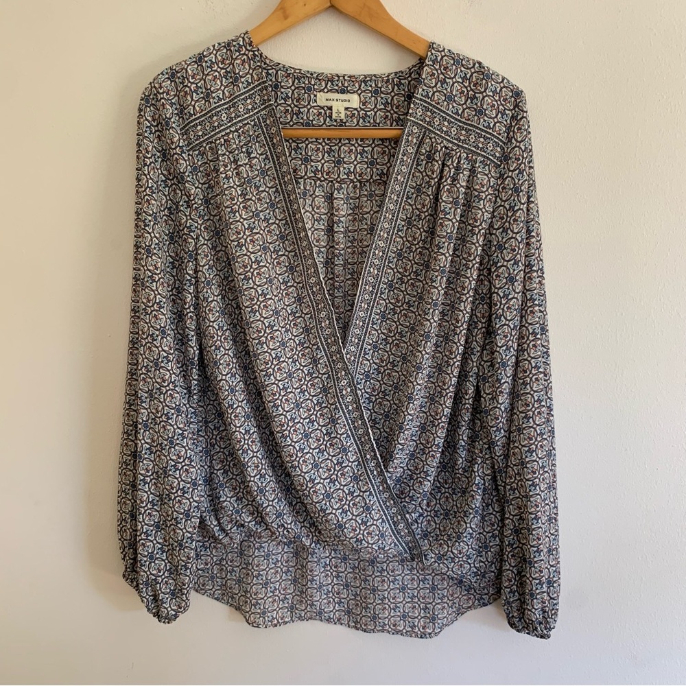 Max Studio Navy and White Printed Wrap Blouse